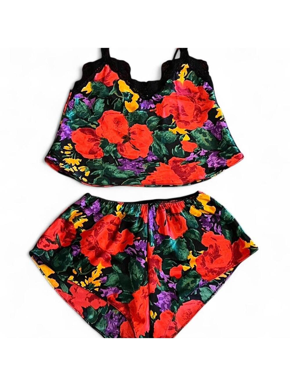 Vintage 90s Bold Floral Satin Lace Cami Shorts Set Coquette Maximalist Size S